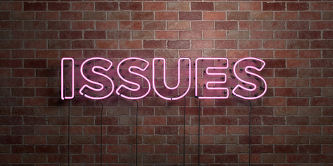 Fototapeta premium ISSUES - fluorescent Neon tube Sign on brickwork - Front view - 3D rendered royalty free stock picture. Can be used for online banner ads and direct mailers..