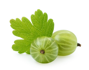 Naklejka na ściany i meble Green gooseberry with leaf isolated on white background