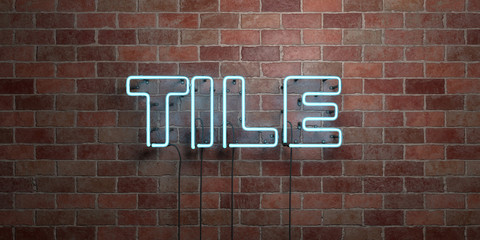 Obraz premium TILE - fluorescent Neon tube Sign on brickwork - Front view - 3D rendered royalty free stock picture. Can be used for online banner ads and direct mailers..