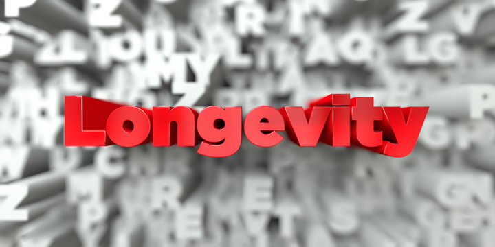 Longevity -  Red text on typography background - 3D rendered royalty free stock image. This image can be used for an online website banner ad or a print postcard.