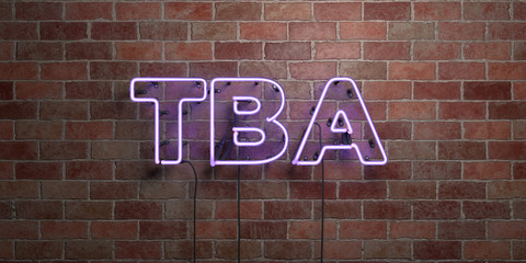 TBA - fluorescent Neon tube Sign on brickwork - Front view - 3D rendered royalty free stock picture. Can be used for online banner ads and direct mailers..
