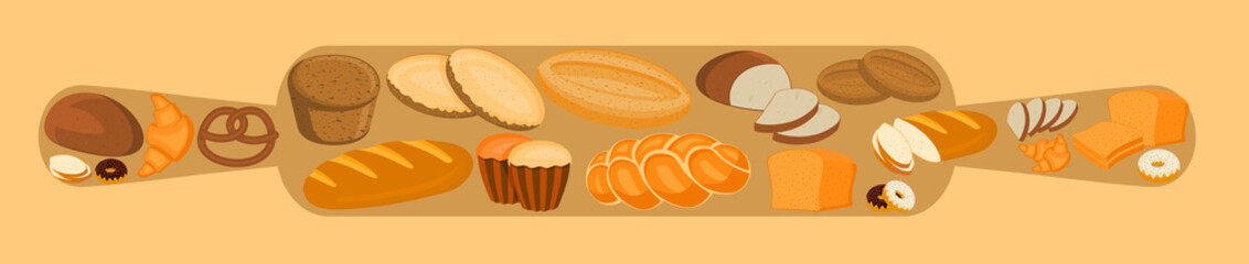 Bakery design concept with rolling pin and bread, sweet bun, cookies, croissant, cake, donut products
