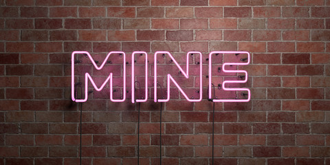 MINE - fluorescent Neon tube Sign on brickwork - Front view - 3D rendered royalty free stock picture. Can be used for online banner ads and direct mailers..
