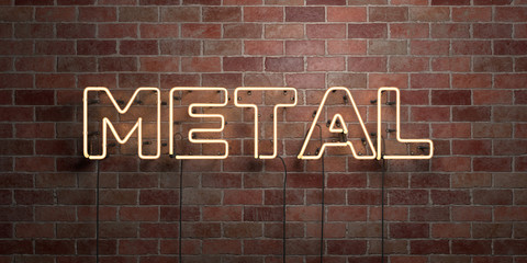 METAL - fluorescent Neon tube Sign on brickwork - Front view - 3D rendered royalty free stock picture. Can be used for online banner ads and direct mailers..