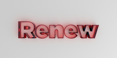Renew - Red glass text on white background - 3D rendered royalty free stock image.