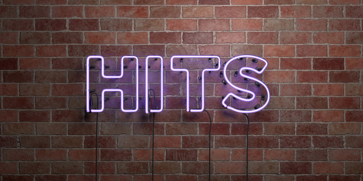 HITS - fluorescent Neon tube Sign on brickwork - Front view - 3D rendered royalty free stock picture. Can be used for online banner ads and direct mailers..