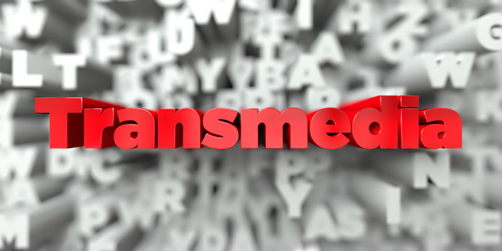 Transmedia -  Red text on typography background - 3D rendered royalty free stock image. This image can be used for an online website banner ad or a print postcard.