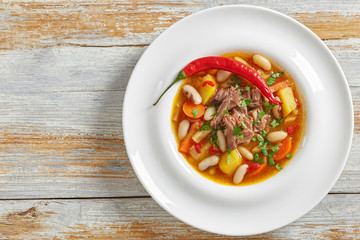 delicious hot pulled beef soup, view from above