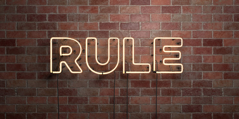 Fototapeta na wymiar RULE - fluorescent Neon tube Sign on brickwork - Front view - 3D rendered royalty free stock picture. Can be used for online banner ads and direct mailers..