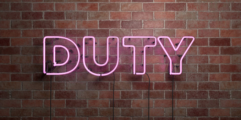 DUTY - fluorescent Neon tube Sign on brickwork - Front view - 3D rendered royalty free stock picture. Can be used for online banner ads and direct mailers..