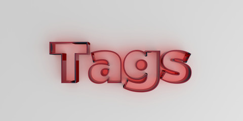 Tags - Red glass text on white background - 3D rendered royalty free stock image.