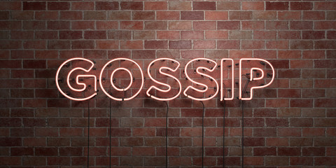 GOSSIP - fluorescent Neon tube Sign on brickwork - Front view - 3D rendered royalty free stock picture. Can be used for online banner ads and direct mailers..