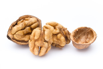 Walnut and walnut kernel isolated on the white background.
