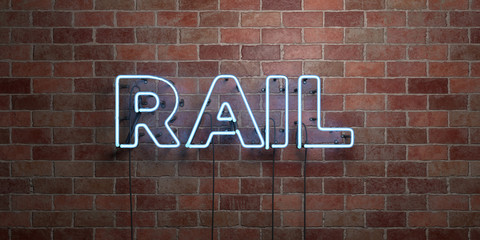 RAIL - fluorescent Neon tube Sign on brickwork - Front view - 3D rendered royalty free stock picture. Can be used for online banner ads and direct mailers..