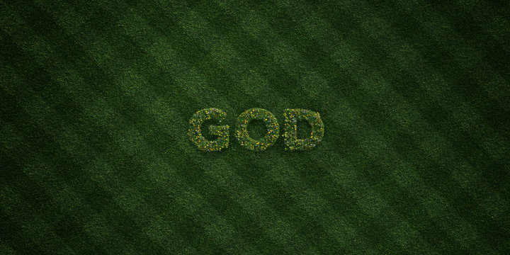 GOD - fresh Grass letters with flowers and dandelions - 3D rendered royalty free stock image. Can be used for online banner ads and direct mailers..