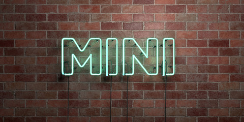 MINI - fluorescent Neon tube Sign on brickwork - Front view - 3D rendered royalty free stock picture. Can be used for online banner ads and direct mailers..