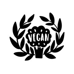 Vegan illustration. Broccoli silhouette laurel and lettering