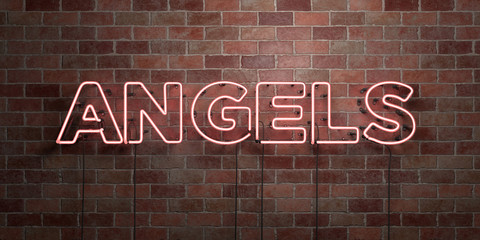 ANGELS - fluorescent Neon tube Sign on brickwork - Front view - 3D rendered royalty free stock picture. Can be used for online banner ads and direct mailers..