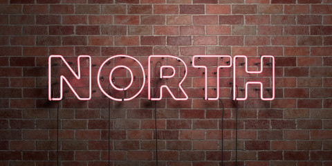 NORTH - fluorescent Neon tube Sign on brickwork - Front view - 3D rendered royalty free stock picture. Can be used for online banner ads and direct mailers..