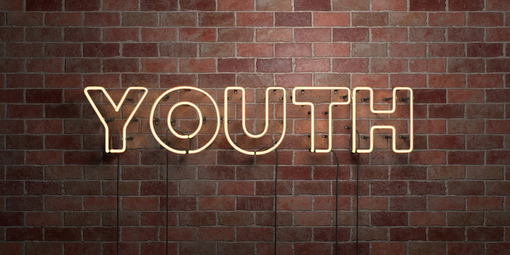 YOUTH - fluorescent Neon tube Sign on brickwork - Front view - 3D rendered royalty free stock picture. Can be used for online banner ads and direct mailers..
