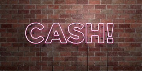 CASH! - fluorescent Neon tube Sign on brickwork - Front view - 3D rendered royalty free stock picture. Can be used for online banner ads and direct mailers..