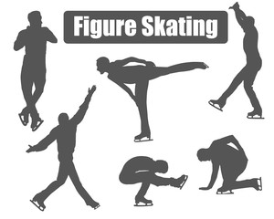 Men's figure skating. Dancing silhouettes of athletes on skates perform various elements: steps and turns, jumps, spirals, toe loop, flip, axel, transition elements. - obrazy, fototapety, plakaty