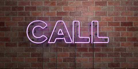 CALL - fluorescent Neon tube Sign on brickwork - Front view - 3D rendered royalty free stock picture. Can be used for online banner ads and direct mailers..