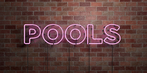 POOLS - fluorescent Neon tube Sign on brickwork - Front view - 3D rendered royalty free stock picture. Can be used for online banner ads and direct mailers..