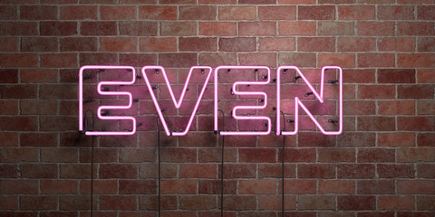 EVEN - fluorescent Neon tube Sign on brickwork - Front view - 3D rendered royalty free stock picture. Can be used for online banner ads and direct mailers..