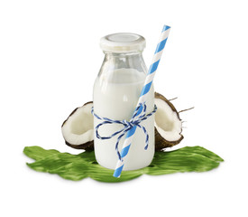 milk of coconut and fresh coconuts isolated on white background. Сoconut with copy space for text.