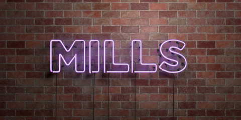 MILLS - fluorescent Neon tube Sign on brickwork - Front view - 3D rendered royalty free stock picture. Can be used for online banner ads and direct mailers..