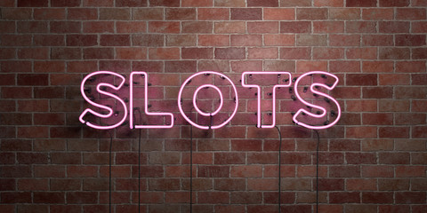 SLOTS - fluorescent Neon tube Sign on brickwork - Front view - 3D rendered royalty free stock picture. Can be used for online banner ads and direct mailers..
