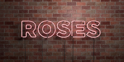 ROSES - fluorescent Neon tube Sign on brickwork - Front view - 3D rendered royalty free stock picture. Can be used for online banner ads and direct mailers..