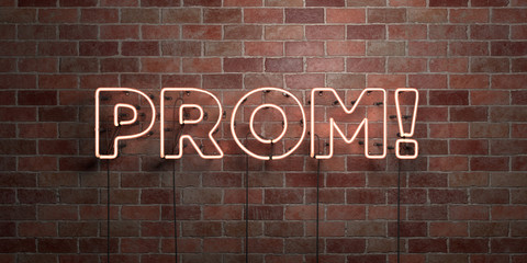 PROM! - fluorescent Neon tube Sign on brickwork - Front view - 3D rendered royalty free stock picture. Can be used for online banner ads and direct mailers..