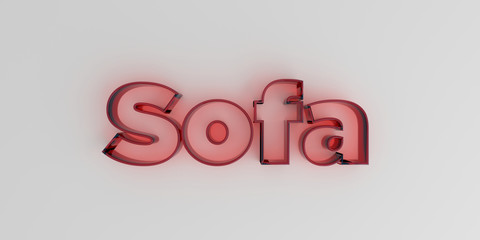 Sofa - Red glass text on white background - 3D rendered royalty free stock image.