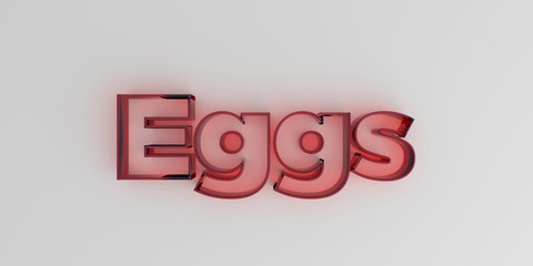 Eggs - Red glass text on white background - 3D rendered royalty free stock image.