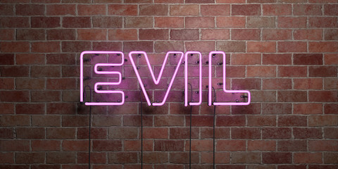 EVIL - fluorescent Neon tube Sign on brickwork - Front view - 3D rendered royalty free stock picture. Can be used for online banner ads and direct mailers..
