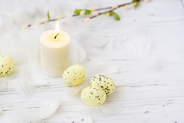 Easter wooden background with colorful eggs,