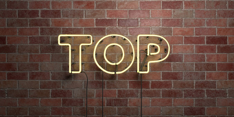 TOP - fluorescent Neon tube Sign on brickwork - Front view - 3D rendered royalty free stock picture. Can be used for online banner ads and direct mailers..