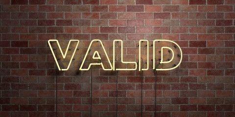 VALID - fluorescent Neon tube Sign on brickwork - Front view - 3D rendered royalty free stock picture. Can be used for online banner ads and direct mailers..