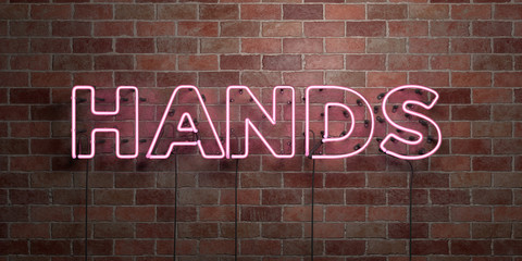 HANDS - fluorescent Neon tube Sign on brickwork - Front view - 3D rendered royalty free stock picture. Can be used for online banner ads and direct mailers..