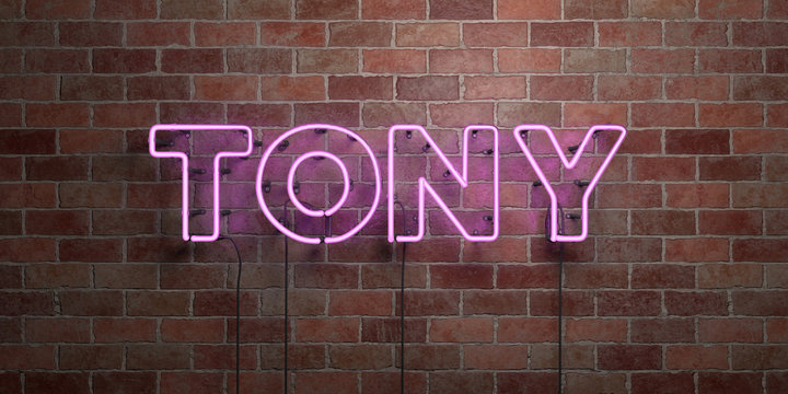 TONY - fluorescent Neon tube Sign on brickwork - Front view - 3D rendered royalty free stock picture. Can be used for online banner ads and direct mailers..