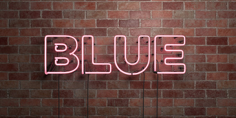 BLUE - fluorescent Neon tube Sign on brickwork - Front view - 3D rendered royalty free stock picture. Can be used for online banner ads and direct mailers..