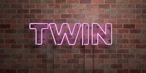 TWIN - fluorescent Neon tube Sign on brickwork - Front view - 3D rendered royalty free stock picture. Can be used for online banner ads and direct mailers..