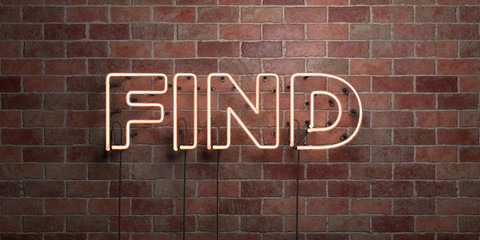 FIND - fluorescent Neon tube Sign on brickwork - Front view - 3D rendered royalty free stock picture. Can be used for online banner ads and direct mailers..