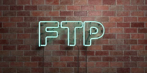 FTP - fluorescent Neon tube Sign on brickwork - Front view - 3D rendered royalty free stock picture. Can be used for online banner ads and direct mailers..