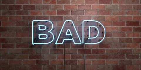 BAD - fluorescent Neon tube Sign on brickwork - Front view - 3D rendered royalty free stock picture. Can be used for online banner ads and direct mailers..