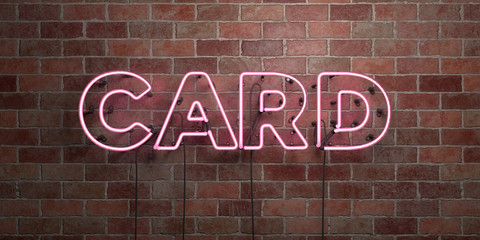 CARD - fluorescent Neon tube Sign on brickwork - Front view - 3D rendered royalty free stock picture. Can be used for online banner ads and direct mailers..