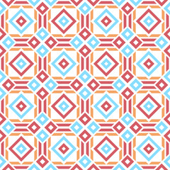     Tribal seamless pattern. Rectangles and lines. Red, blue, orange. Vector illustration.