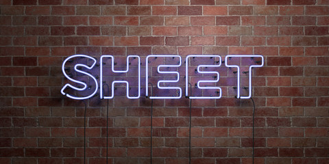 SHEET - fluorescent Neon tube Sign on brickwork - Front view - 3D rendered royalty free stock picture. Can be used for online banner ads and direct mailers..